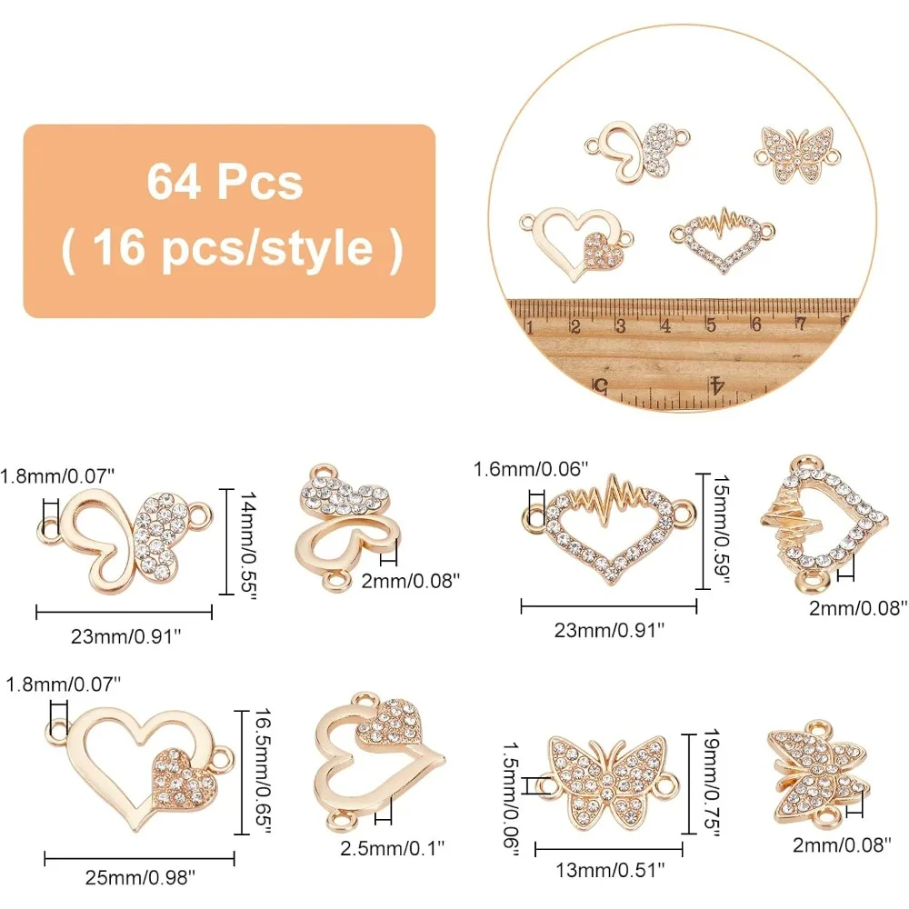 64pcs 4 Styles Heart Rhinestone Connectors Butterfly Alloy Diamond Links Love Shape Golden Butterfly 2-Holes Charms Links