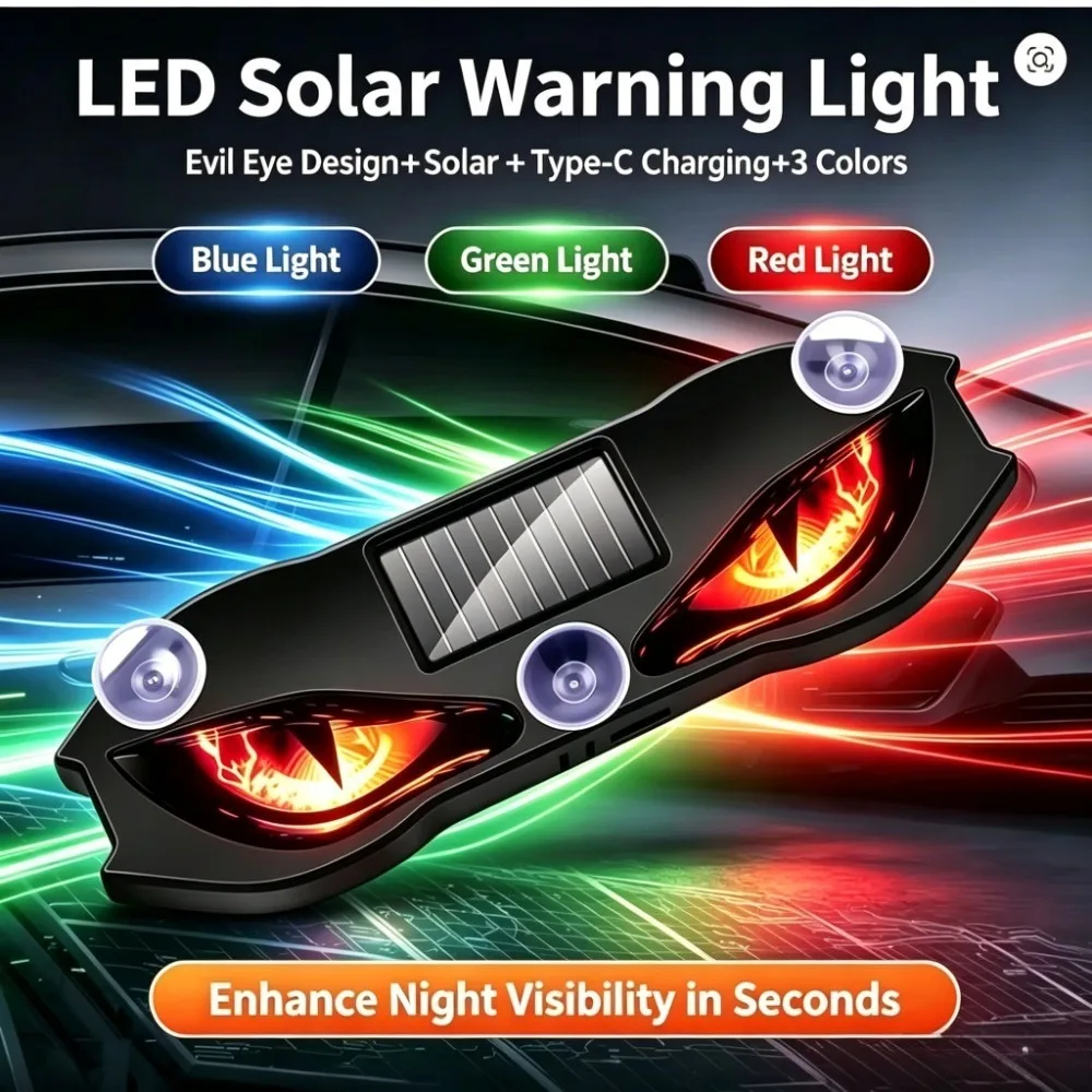 Solar Car LED Warning Light 3 Colors Anti-Collision Safety Lamp Wireless Suction Cup Type-C Charging Auto Interior Accessories