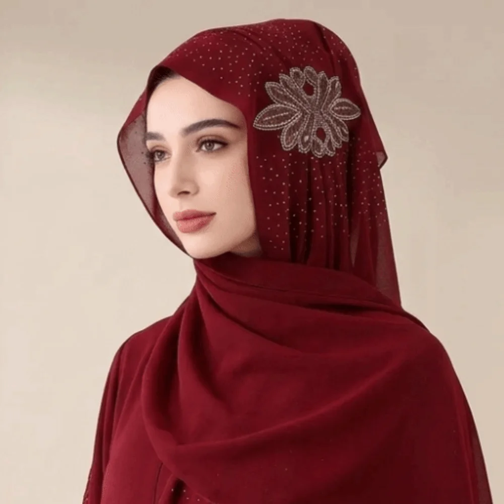 Soft Shiny Chiffon Hijab Rhinestone Flower Decor Solid Color Head Wrap Turban Light Luxury Breathable Long Scarf Women