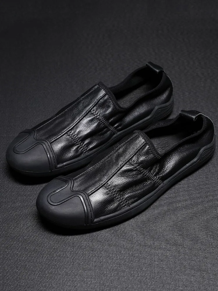 Summer Footwear Mens Genuine Leather Loafers  Black White Walking Shoes Round Toe Slip-On Fashion Breathable Casual  sneakers