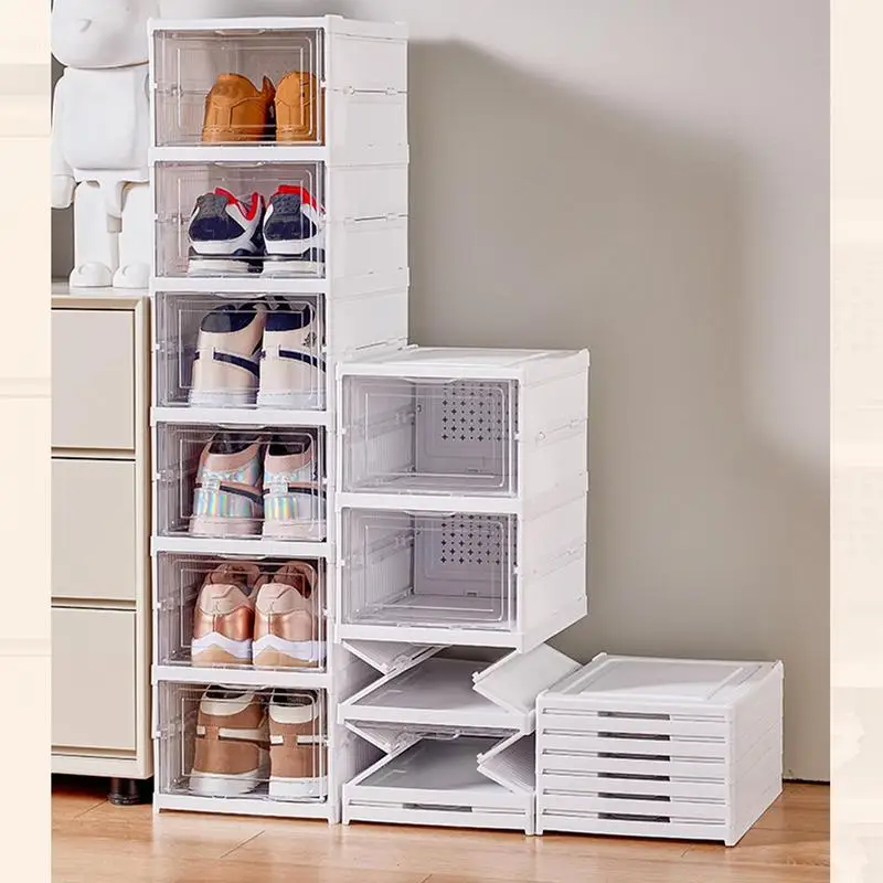 Shoe Boxes 3 Layer Clear Shoe Boxes Stackable Shoe Storage Boxes Foldable Easy Installation Shoe Box with Doors