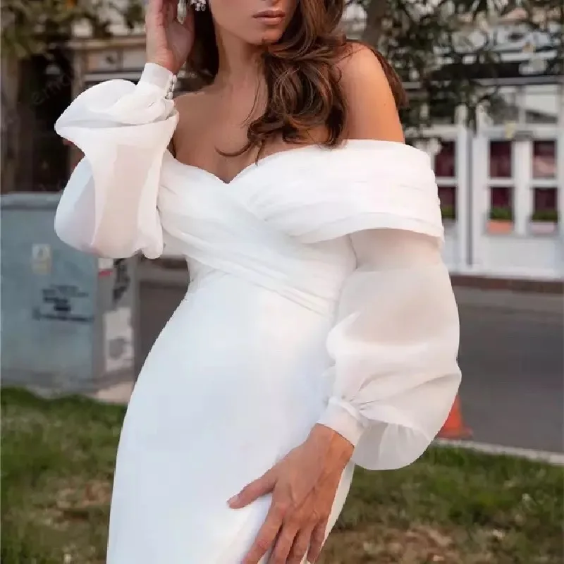 Vestidos de casamento femininos outono novo simples branco de um ombro bem-vindo viagem fotografia cetim luz vestidos de casamento