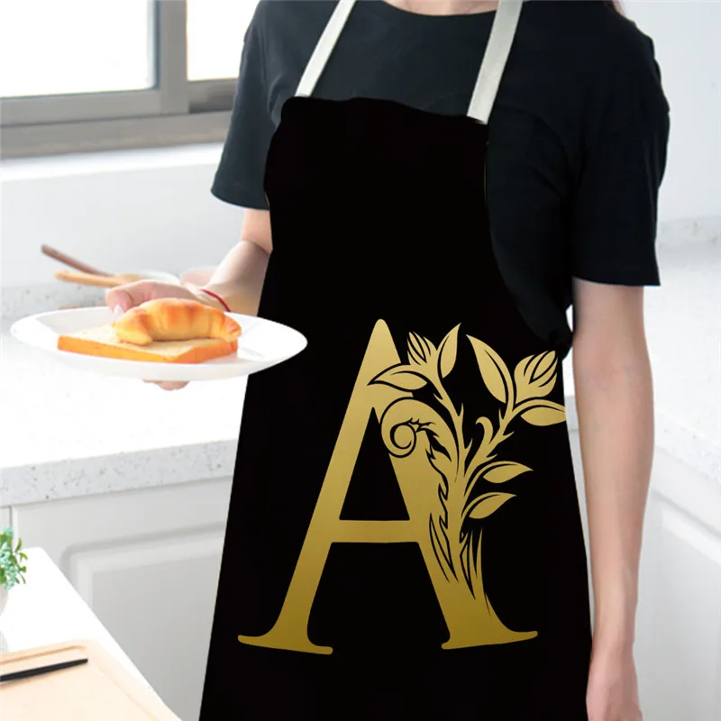 Letter Apron Black Golden Flower Kitchen Aprons for Women Cotton Linen Bibs Household Cleaning Pinafore Home Cooking