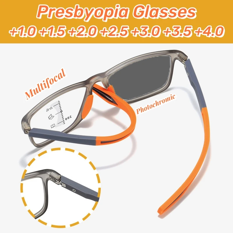 Outdoor Sport Photochromic Multifocal Reading Glasses Unisex Ultralight Diopter Eyeglasses Anti-blue Light Presbyopia Eyeglasses