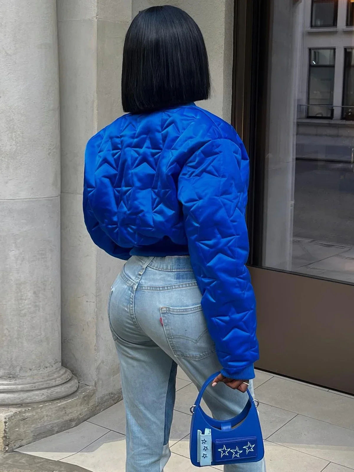 Women\'s Fashion Long Sleeve Zipper Short Quilted Coat Autumn Winter Cotton Padded Stars Bomber Jacket 2024 Girls Varsity Jacket