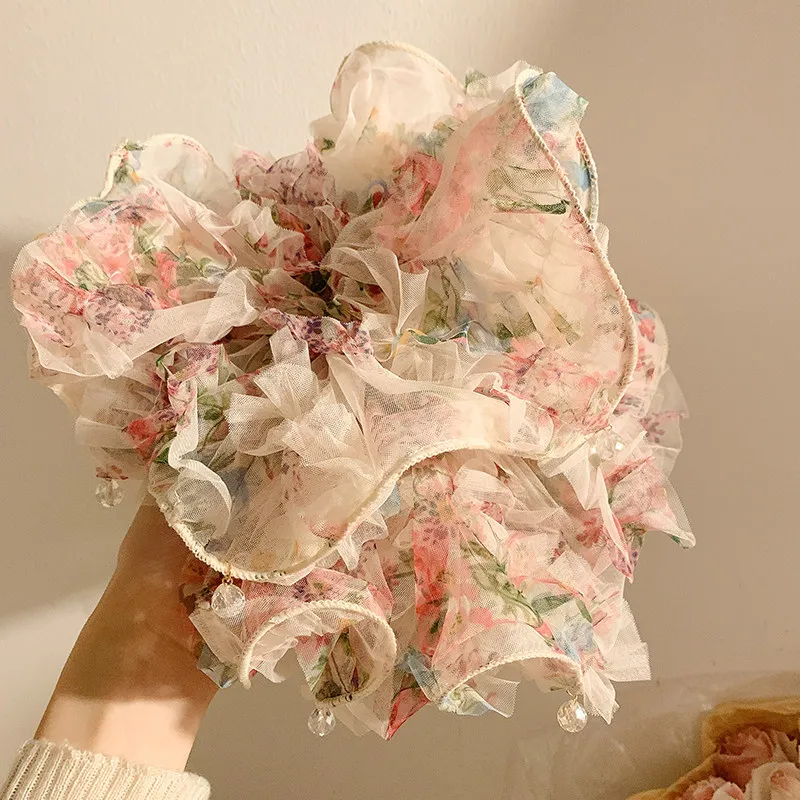 

Extra Large Pink Floral Mesh Scrunchie Intricate Elastic Ponytail Holder for Women High Bun Daily Elegant Soft Accessoires