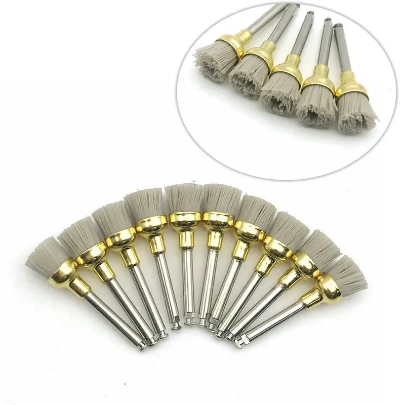 10Pcs Dental Polishing Brush Alumina Material Latch Flat Sharp Bowl Type Teeth Polisher Prophy Brush for Contra Angle Handpiece