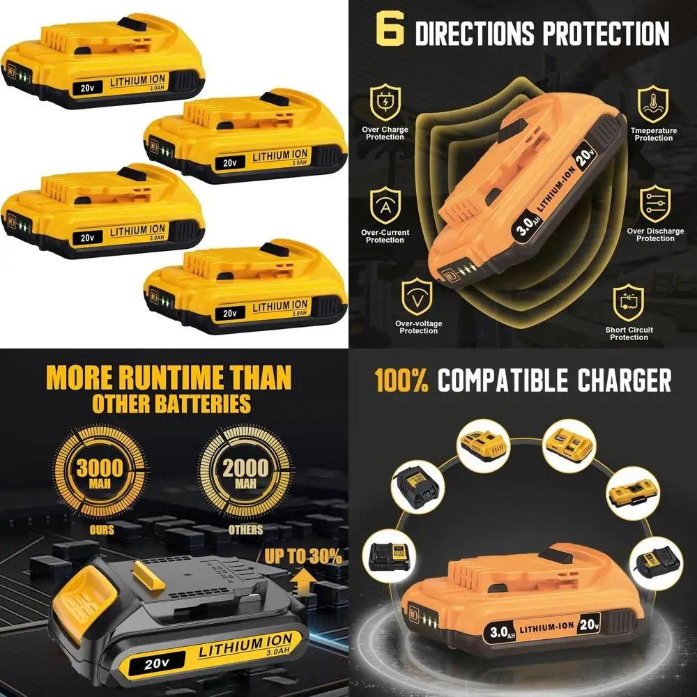 

Комплект из 4 аккумуляторных блоков 20V MAX 3.0Ah, совместимых с различными беспроводными электроинструментами 20V