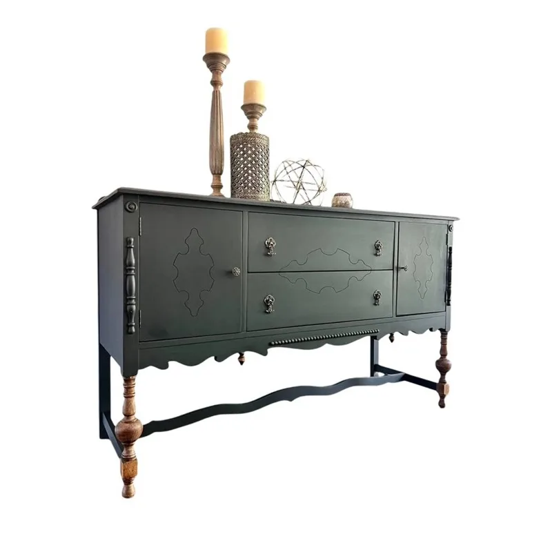 wood retro porch cabinet, French light luxury drawer storage living room two-color carved wall decorative dining side cabinet