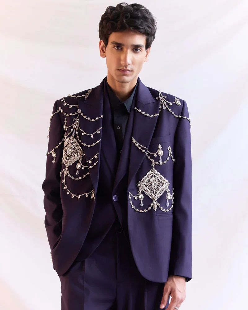 Luxury Black 2 Piece Men's Tuxedo with Beaded Crystals One Button Slim Fit for Wedding Formal Party Business Prom
