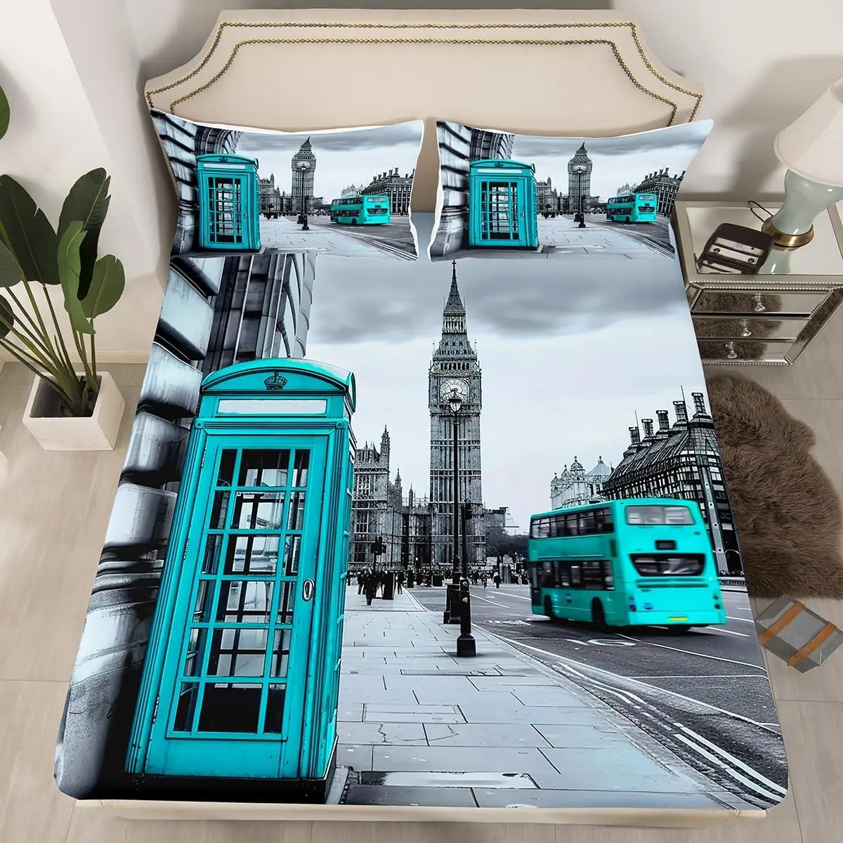 Retro Telephone Booth Fitted Sheet Set Big Ben Bed Sheets, London Street View Sheet Set Historical European Scenery Bed Cover