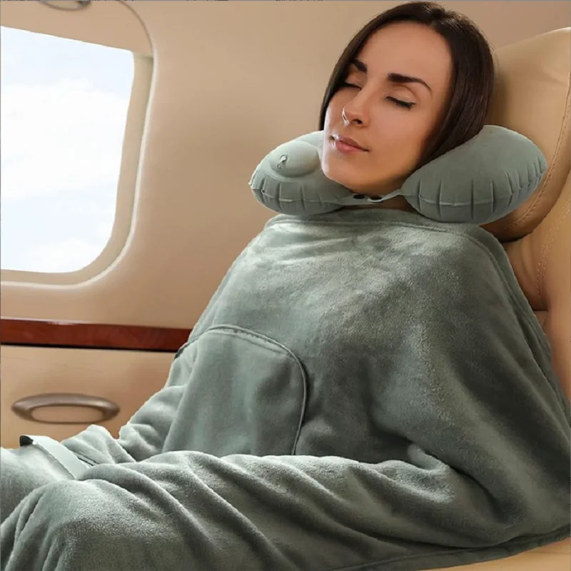 Travel Blanket and Pillow Set Portable Inflatable Travel Neck Pillow and Premium Soft Airplane Blanket traveling essentials