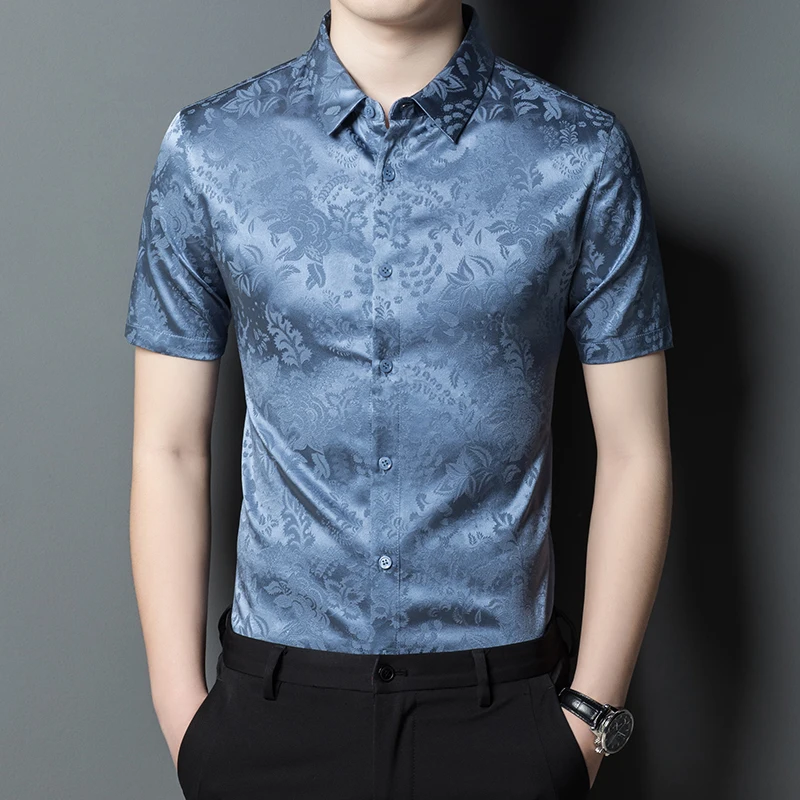 

Jacquard Mulberry Silk Premium Men Shirt Short Sleeved Gentleman Summer Quality Soft Comfortable Easy Care Banquet Chemise Homme