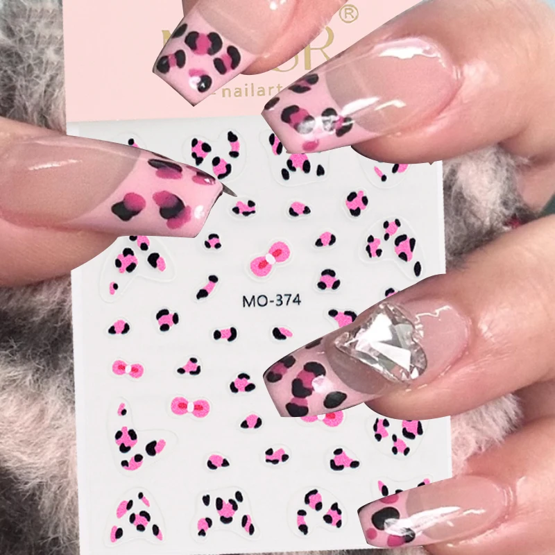 Adesivi per unghie con stampa leopardata 3D Simpatico design con fiocco nero Adesivo per unghie Decalcomanie per arte Slider Fiocco per pelle Decorazione per manicure francese