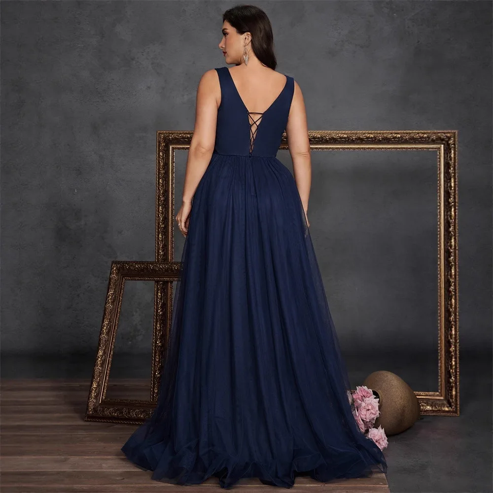 Plus Size Navy Tulle A Line Maxi Dress Deep V Sleeveless Radiating Hand Beaded Sequin Bodice Flowy Skirt Mother of Bride Gown