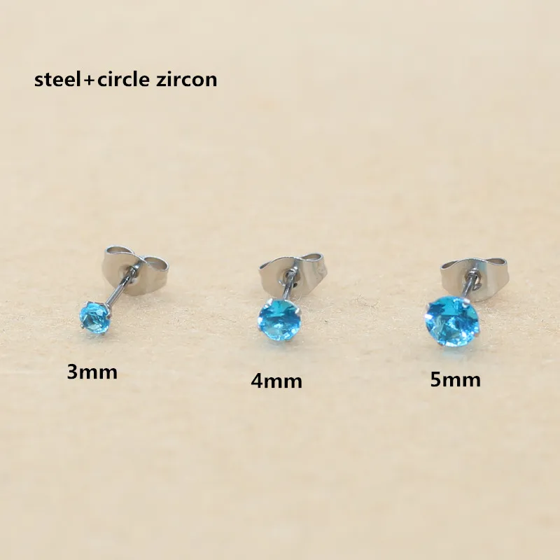 2 pc lot Circle And Square Shape Ocean Blue Zircon Brief Stainless Steel Womne Men  Stud Earrings No Easy Fade Allergy Free