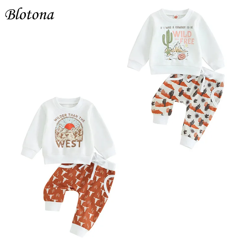 

Blotona Baby 2Pcs Cute Outfit Western Cactus/Cow Head Print Long Sleeve Sweatshirt and Elastic Pants Set for Fall Clothes 0-3Y