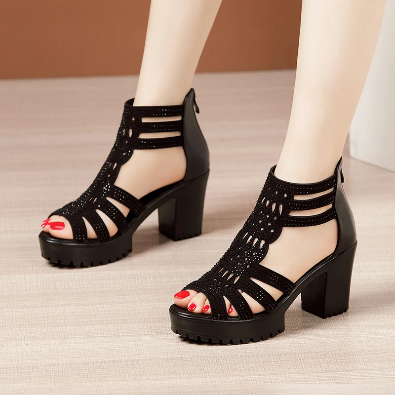 

6cm 8cm Small Size 32-43 Gold Rhinestone Block High Heels Gladiator Sandals Summer 2023 Wome's Genuine Leather Shoes Office Mom