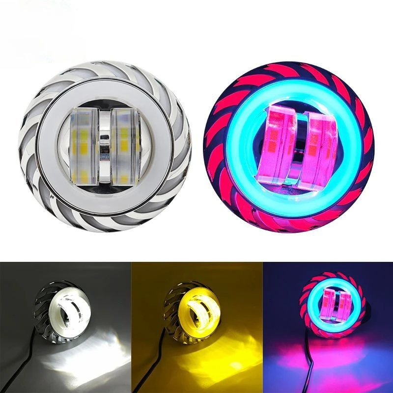 2Pcs Motorcycle LED Dual Lens Spotlight Super Bright Ghost Fire Flashing Light Colorful Demon Front View Modification Accessory