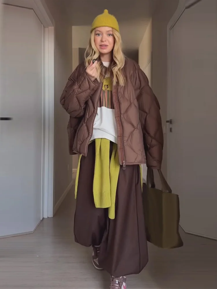 Quilted Puffer Stand Collar Drop Shoulder Long Sleeve Zip Up Cropped Loose Coat Women Autumn Elegant Warm Outerwear
