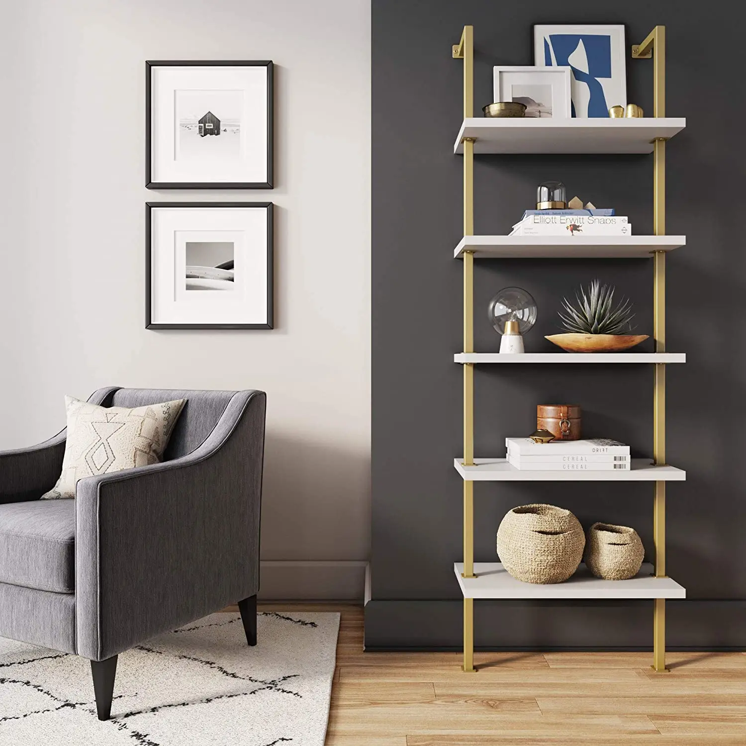 

Custom .Custom.Multifunctional Wall Mount 5 Layers Gold Color Ladder Bookshelf with Industrial Metal Frame for Clothes Store/Hom