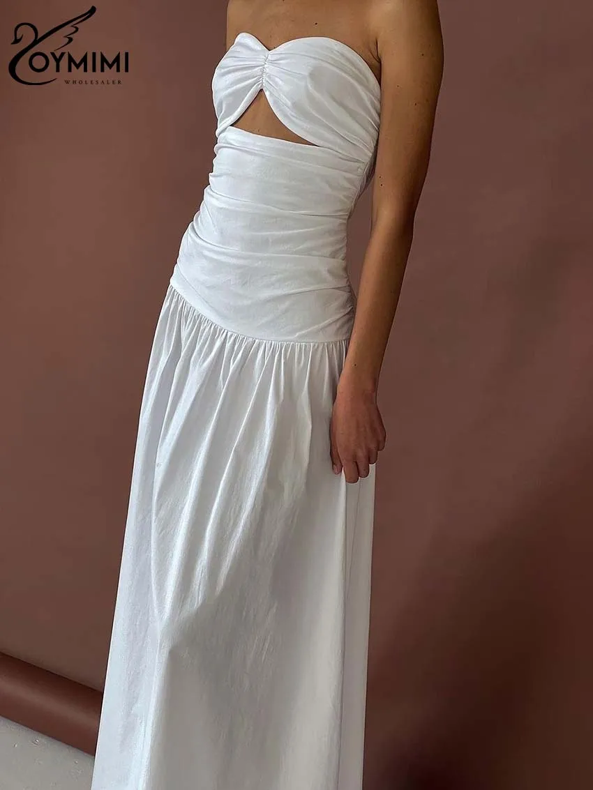 Oymimi Casual White Cotton Women\'s Dress Fashion Strapless Sleeveless Dresses Elegant High Waist Ankle-Length Dresses Streetwear