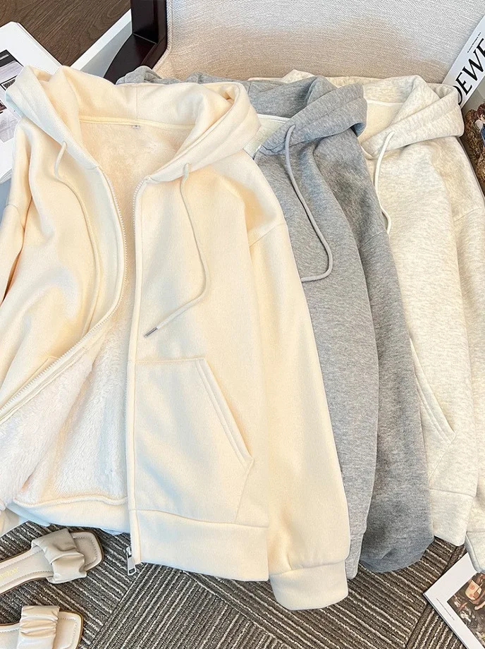 

Thermolite Hoodie Thickened Sherpa Microfleece Hoodie Oversized Relaxed Boyfriend Hoodie Zippered Kangaroo Pockets Outerwear