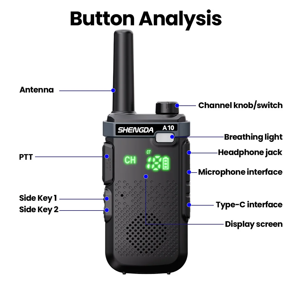 SHENGDA A10 Compact Walkie-Talkie Lightweight and simple design Low power Type-C charging Battery level display