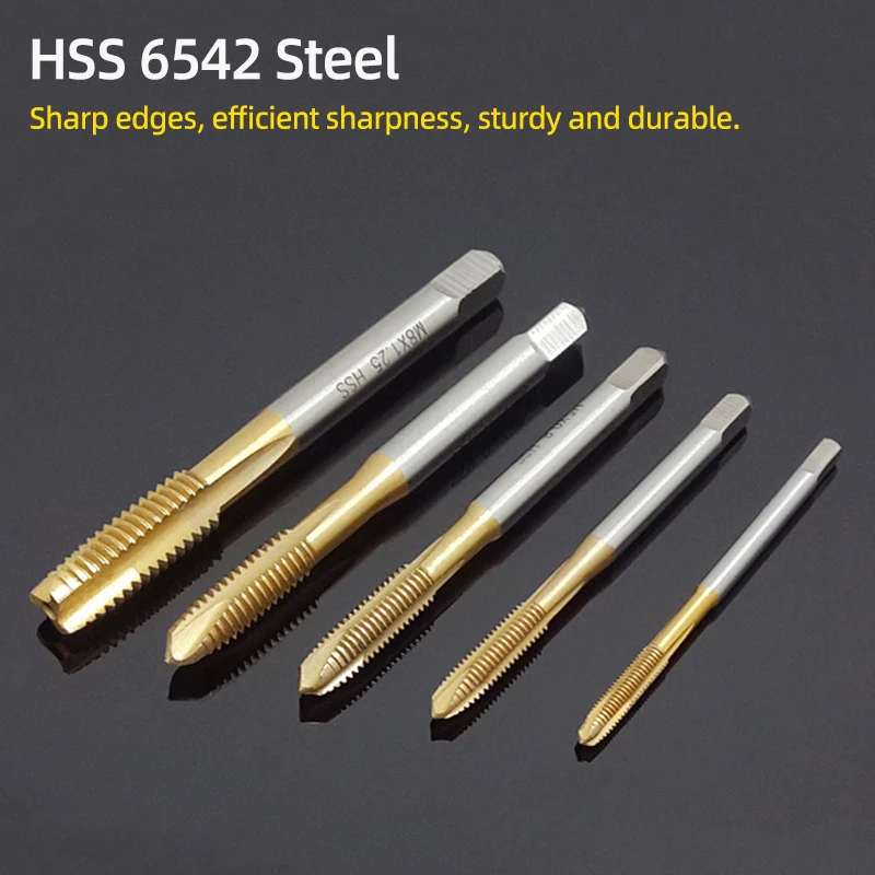 Mata bor keran ulir mesin HSS 6542, alat tangan seruling lurus keran mesin sekrup metrik Titanium HSS/M2.5/M3/M3.5/M4/M5/M6/M8