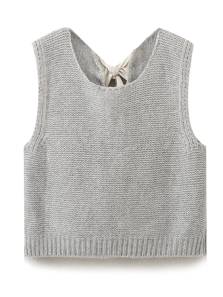 KAOPU ZA Women with bow knit tank top vintage o-neck sleeveless female waistcoat chic tops