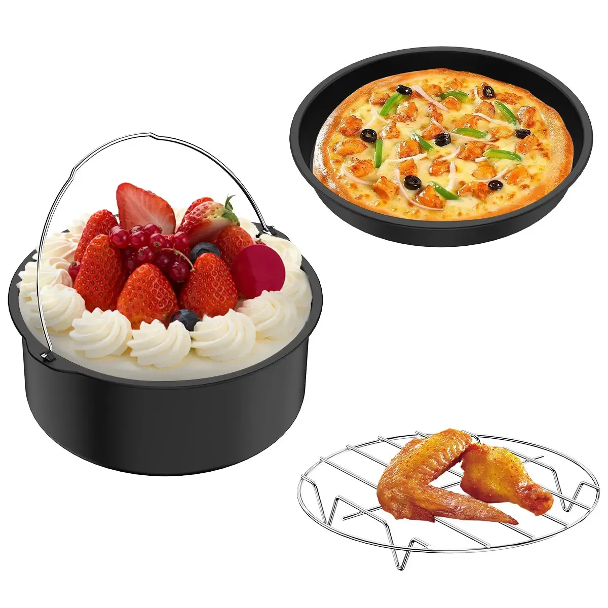 

3Pcs Air Fryer Accessories Set with Pizza Pan and 7 inch Nonstick Coating Cake Barrel & Steam Rack for Universal Air Fryer