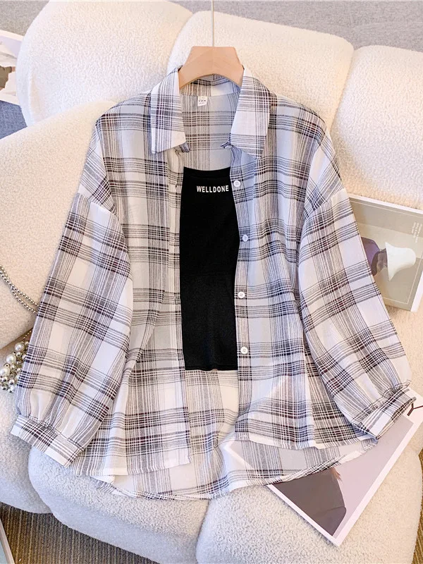 

Women's Ice Silk Sun Protection irt Summer 2025 New Loose Breathable Versatile Plaid irt Chiffon Open Cardigan Thin Outer...