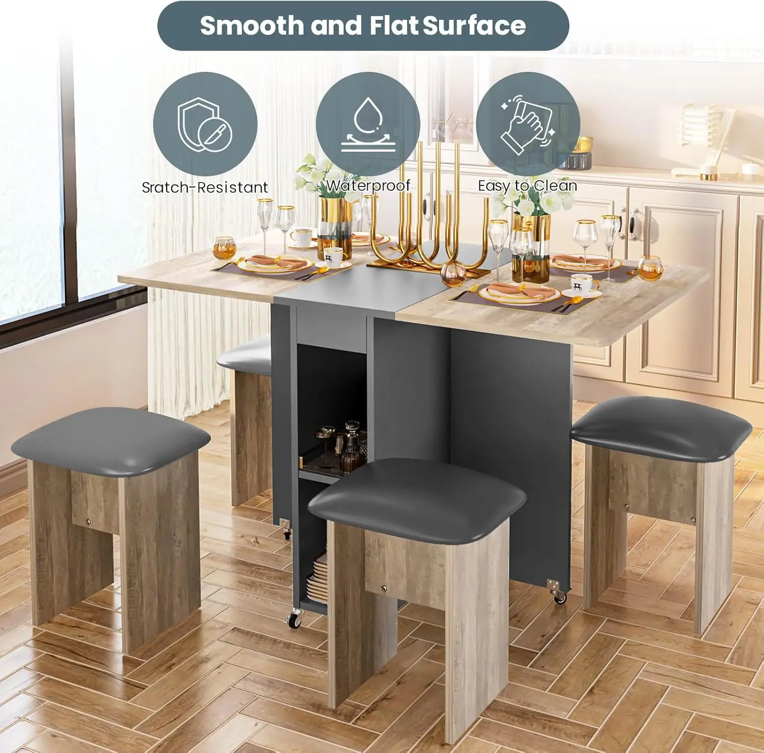 Folding Dining Table Set for 4, Dinner Table with 4 Leather Chairs and Shelves, Space Saving Foldable Dining Table with 6 Wheels image 6