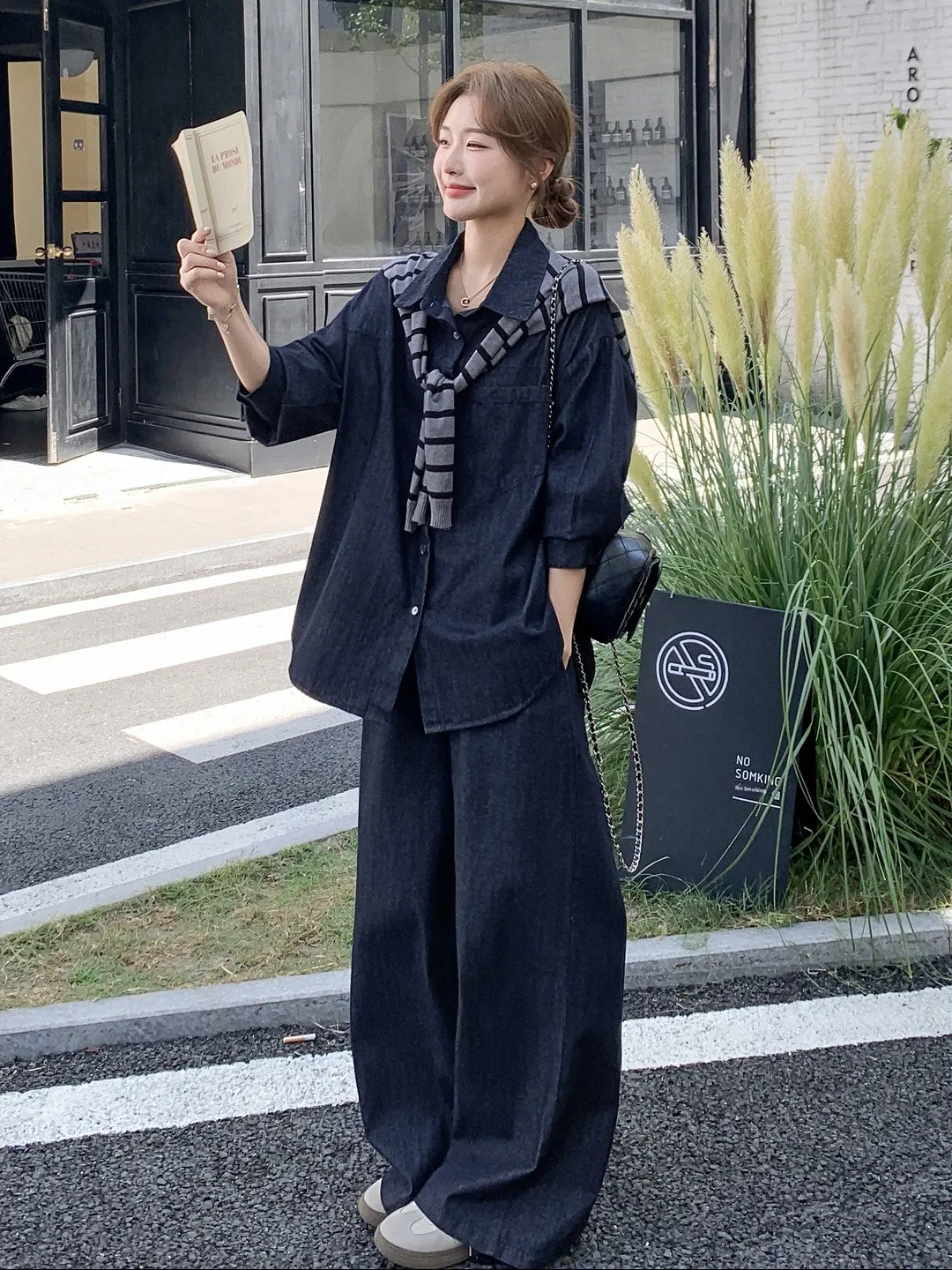 

Loose Women's Denim Shirt And Wide Leg Pants Set Striped Shoulder Shawl Three Piece Spring Autumn Chic Breathable Casual Fashion