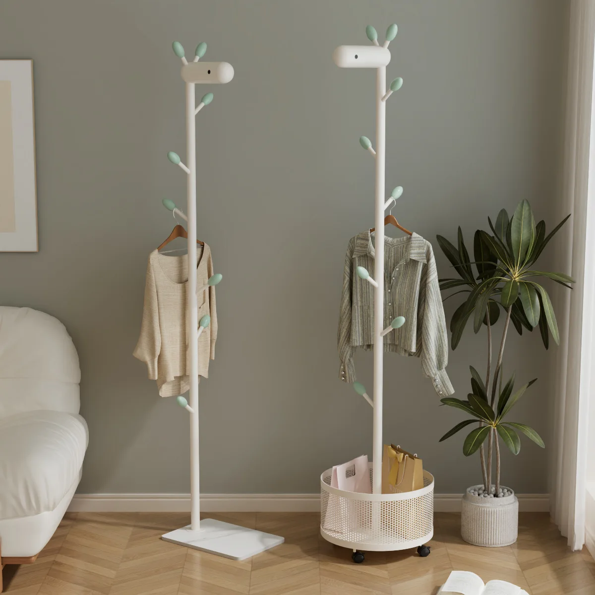 

#Household Movable Coat Rack with Basket Storage Multi-Functional Floor-Standing Home Furniture for Entryway