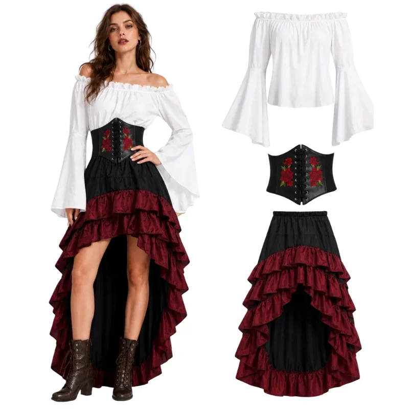 Halloween Medieval Retro Pirate Dress Captain Ruffled Waist Waist Long Dress Court Dress Three Piece Set view 2