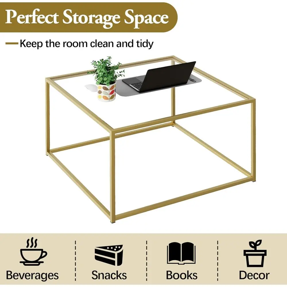 Compact Modern Gold & Clear Glass Coffee Table for Small Living Rooms, Easy Assembly, 26 Square