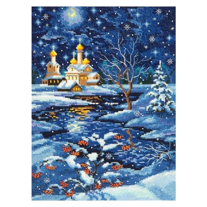 Amishop Gold Collection Counted Cross Stitch Kit Silent Christmas Eve Night Frosty Lake House Snowy Snow Night