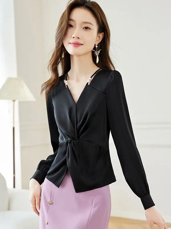 New Satin Shirt with Women\'s Long Sleeves and Waist Cinching Design Niche Fashion Slim Fit and Stylish Versatile Top