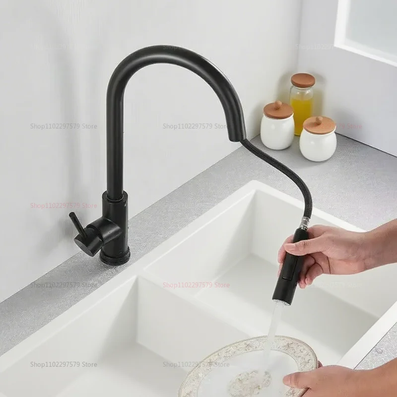 Upgraded Black Silver Pull Out Kitchen Faucet Dual Mode Telescopic Rotary Stainless Steel Hot Cold Water Faucet for Kitchen