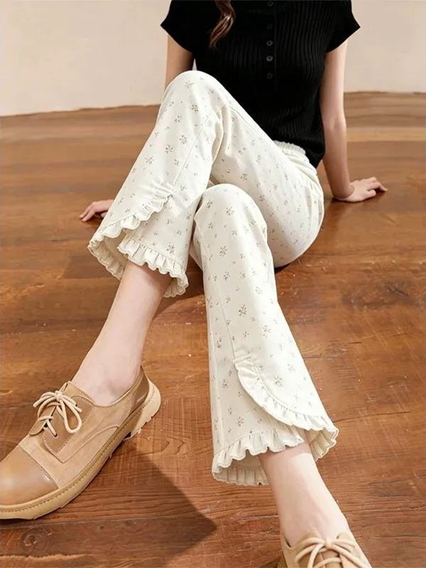 

Summer 2026 Women's High Waist Flared Casual Pants Floral Print Gored Ear Micro Flare Versatile Casual Trousers Elegant Slimming