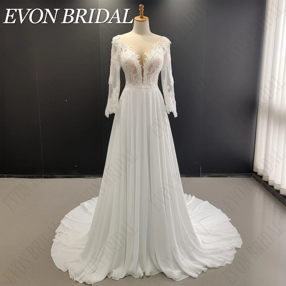 EVON BRIDAL O-Neck Lace Wedding Dresses For Bride Chiffon Appliques Backless robe de mariée Boho Long Sleeves Bridal Gown Custom