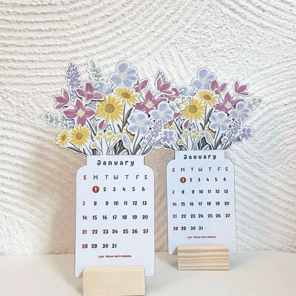 2024 Bloomy Flower Desk Calendar Chinese New Year Wooden Card Calendar Desktop Lucky Calendar Panda Illustrator Decor