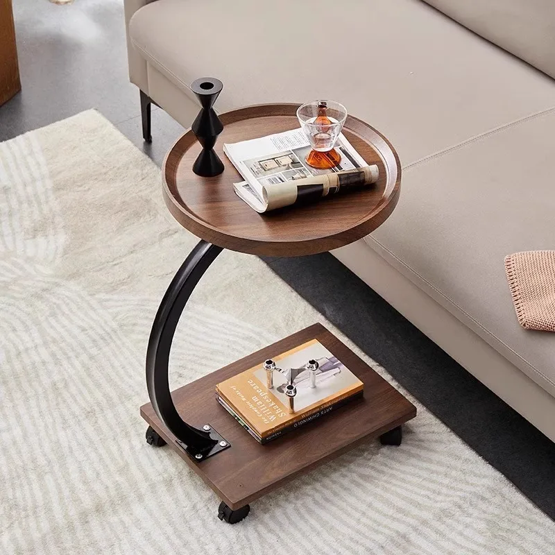 Light luxury creative side table can lift coffee table living room simple movable square table universal wheel walnut smalltable