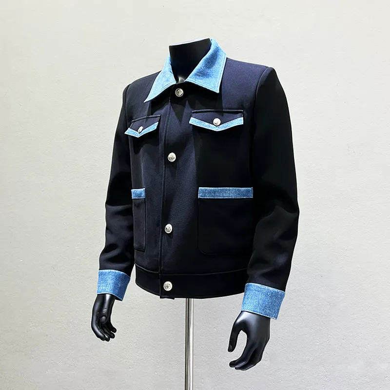 Men's Textured Short Jacket with Denim Panels and Contrast Lapel Design for Stage Appearances and Standout Nightlife Looks
