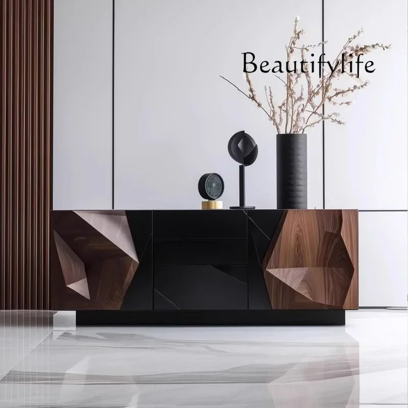 

Kh X Walnut Solid Wood TV Cabinet Living Room Against The Wall Floor Side Cabinet Designer Retro High-end Art Relief Locker