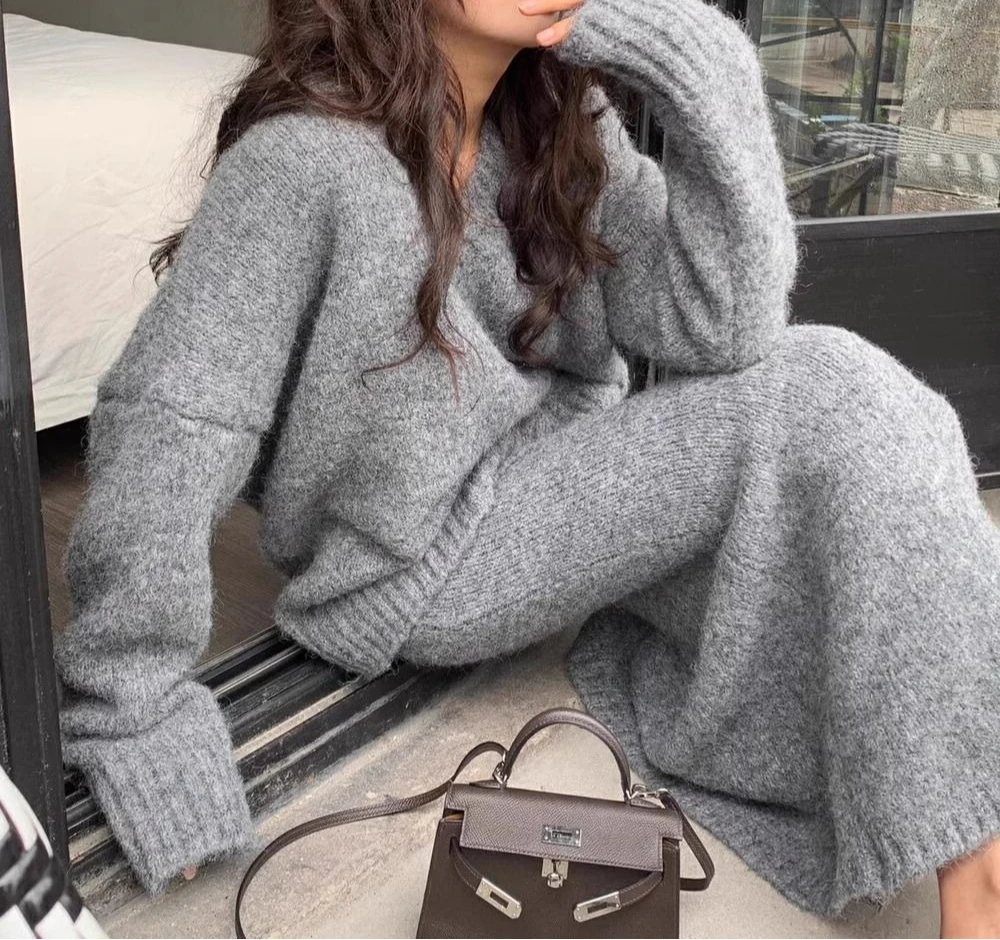 Otoño-Invierno estilo perezoso jersey con cuello en V Top de lana de punto y falda conjunto de dos piezas de moda