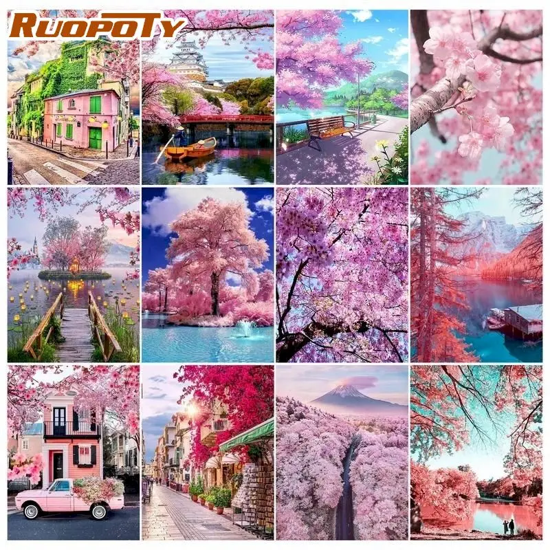 RUOPOTY 5D DIY Diamond Embroidery Pink Scenery Full Square Round Diamond Painting Tree Diamond Mosaic Handmade Gift