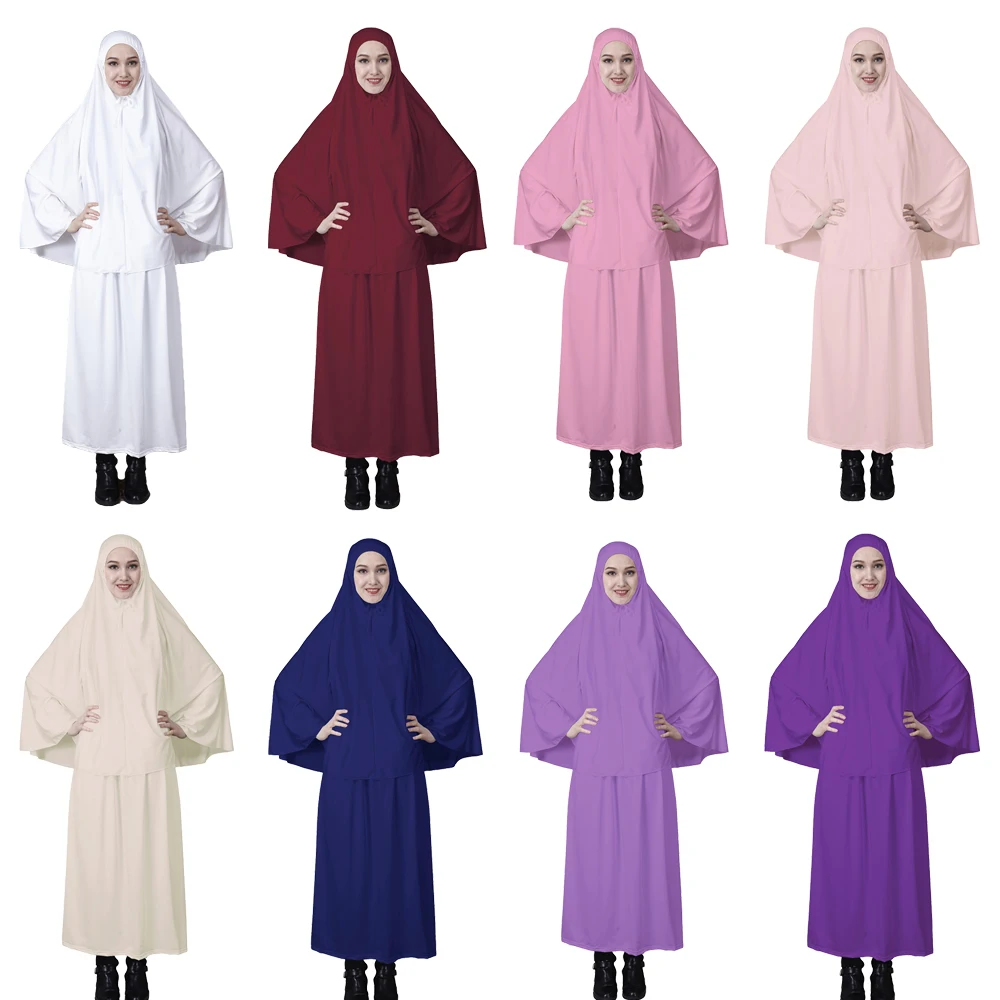 2PCS Eid Ramadan Muslim Women Overhead Niqab Burqa Hijab Dress Khimar Caftan Islamic Clothing Prayer Garment Arab Robe Abaya Set