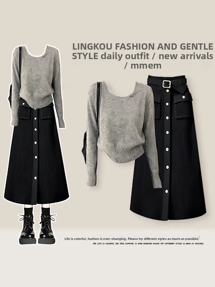 

Spring Knitted Sweater And Slimming Skirt Two-Piece Set for Women Ele mat Sle plus Size Faionable Ensemble